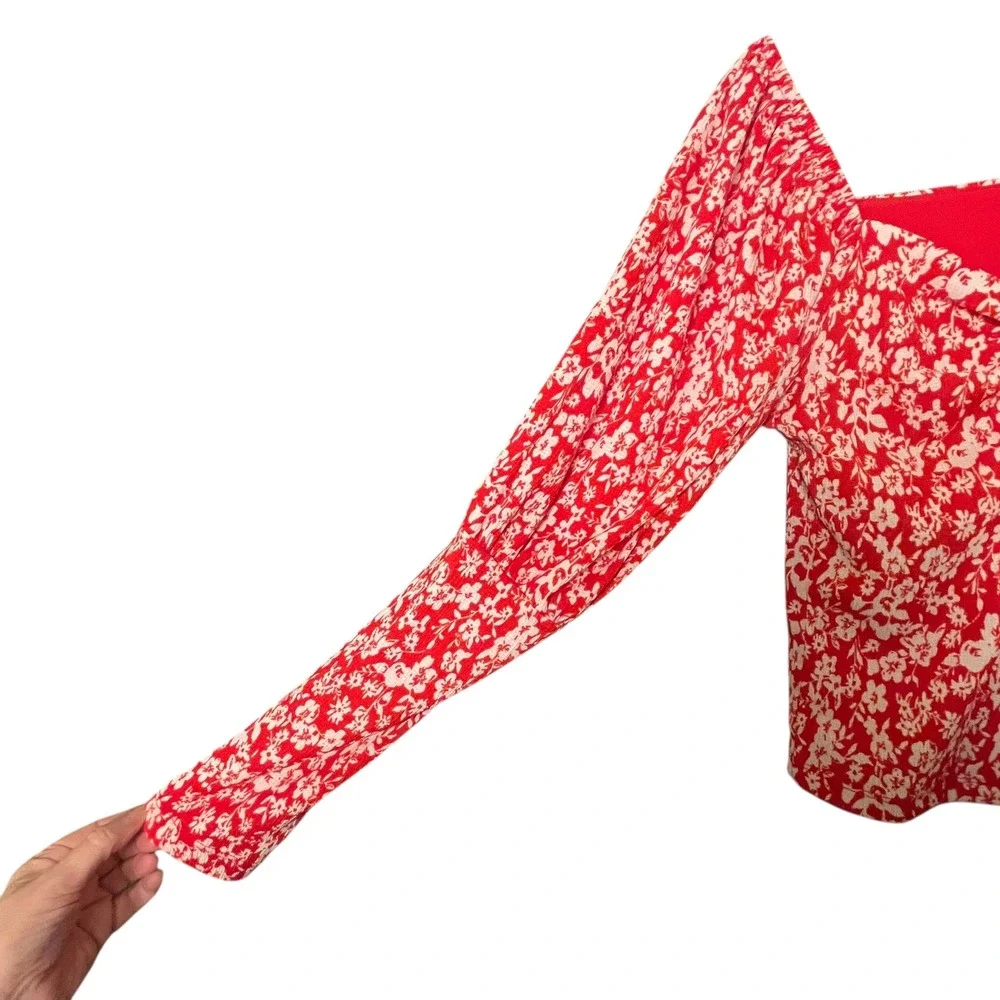 Anthropologie Red Floral Puff Sleeve Sweetheart Cropped Blouse Sz S Romance Boho